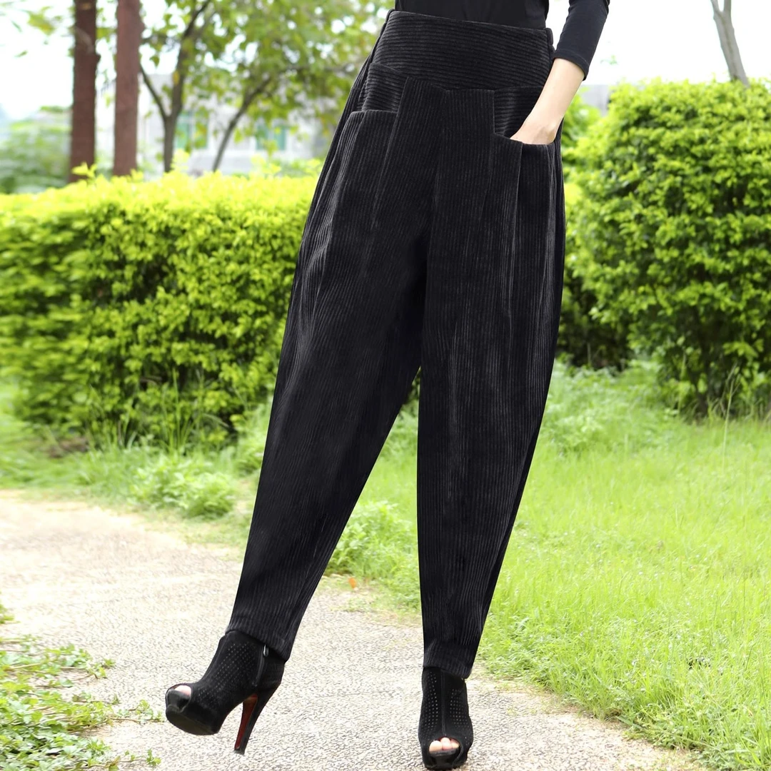 加绒/不加绒哈伦裤条绒宽松百搭大码休闲高腰显瘦妈妈装时尚a3