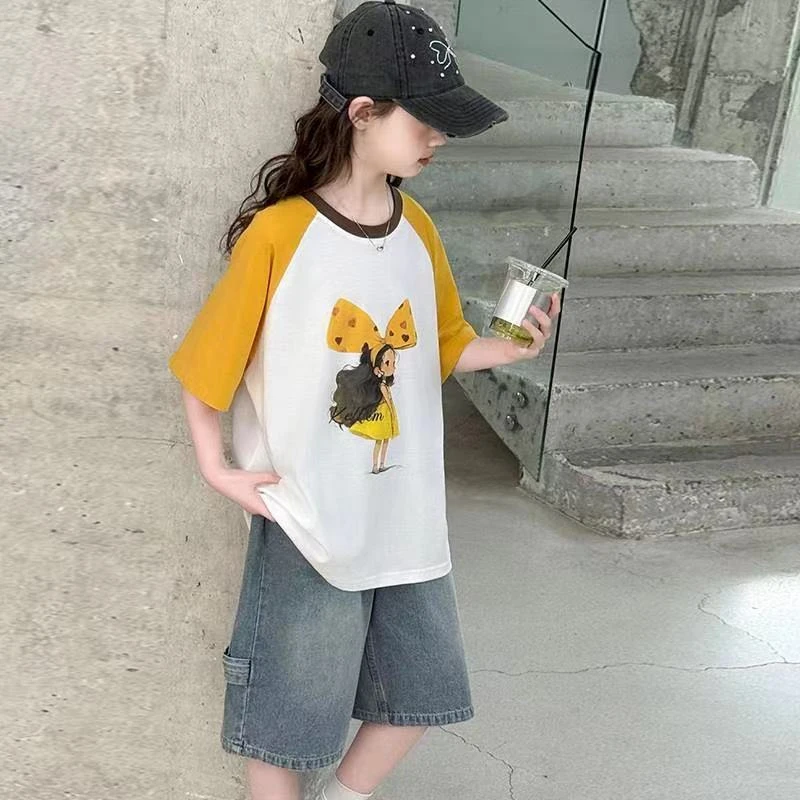 B082天使儿童夏季插肩袖蝴蝶结女孩款短袖T恤（身高+20拍