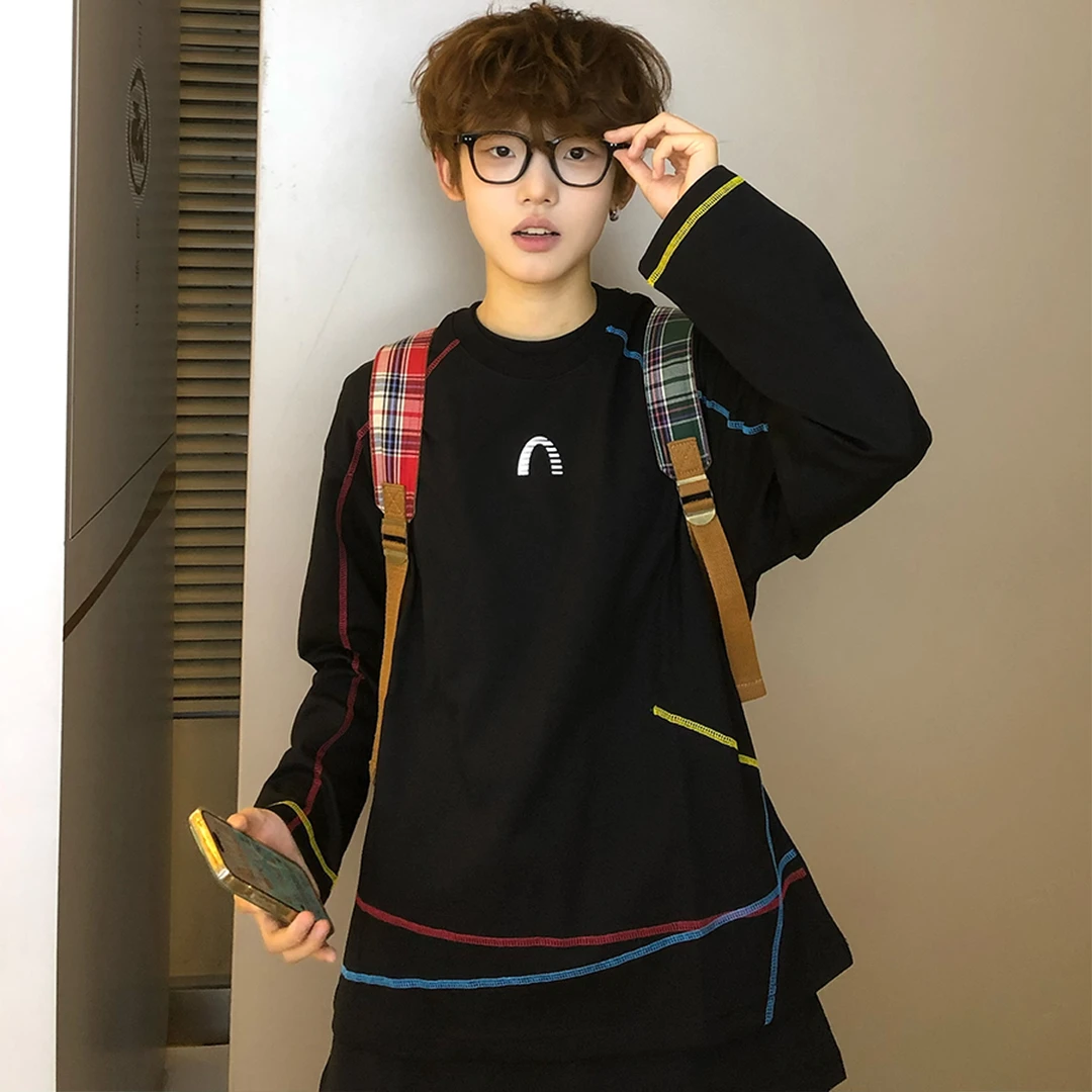 100%纯棉简约字母t恤男女秋冬季潮牌情侣彩色不规则三针五线长袖