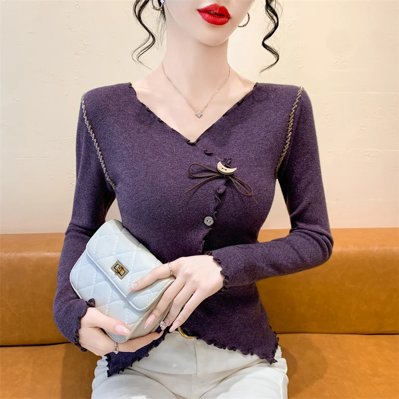 实拍复古钉钻木耳边蝴蝶结V领针织衫女褶皱不规则打底衫上衣长袖
