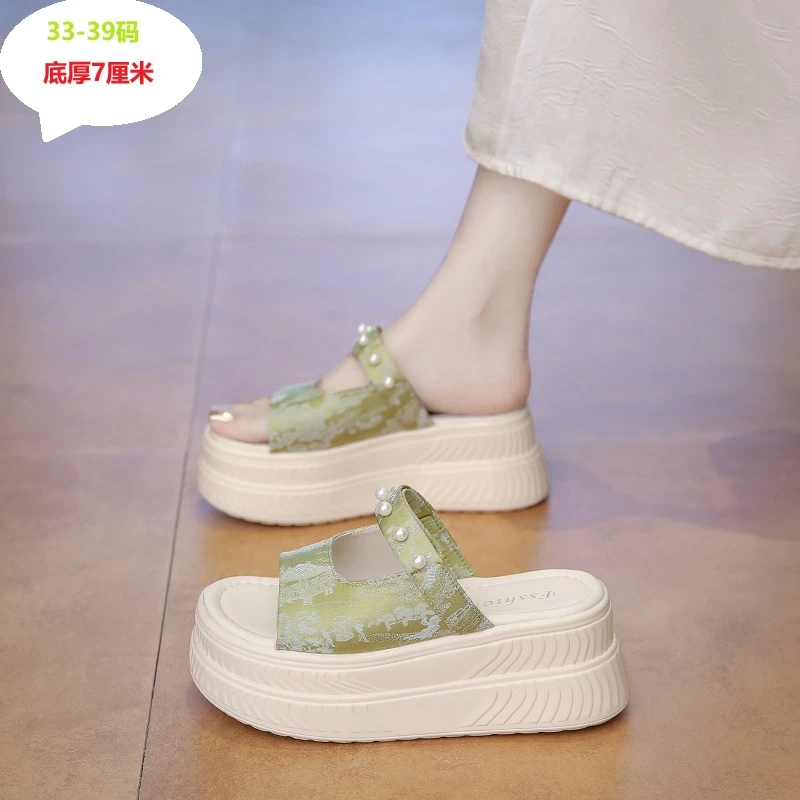 33-39小码厚底女拖鞋复古国风印花时尚休闲夏季外穿百搭ins高跟鞋