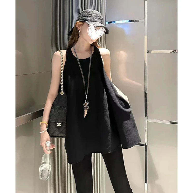 FRVXO时髦甜美蓬蓬下摆无袖针织上衣松紧高腰百搭防晒微喇裤套装