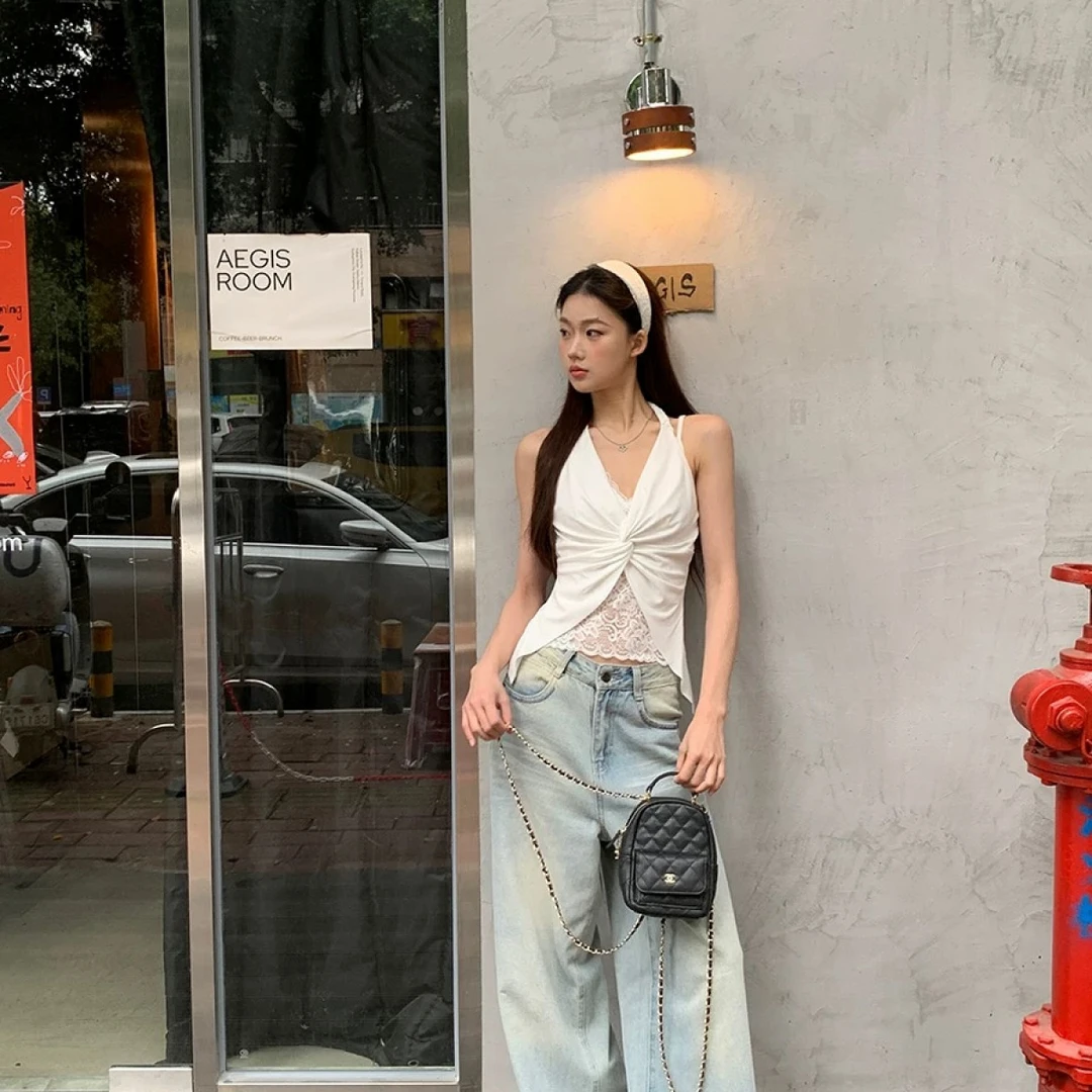 【法式蕾丝】设计感假两件挂脖吊带女美背V领无袖上衣通勤显瘦辣妹