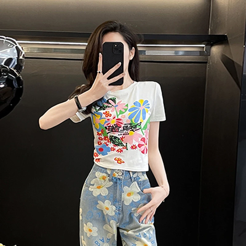 多巴胺短袖圆领恤上衣花套装夏季气质休闲时尚印花牛仔裤两件套