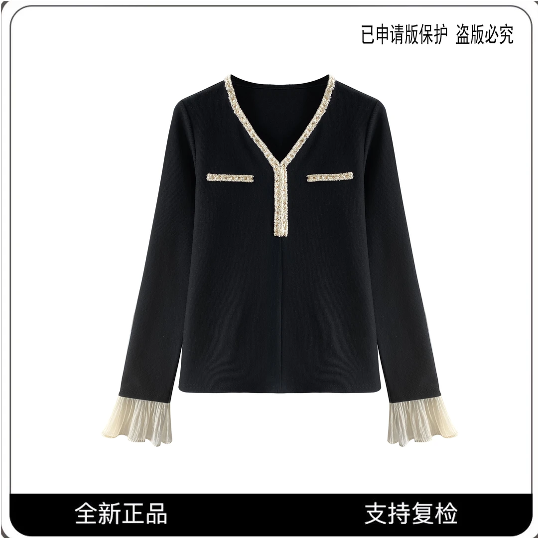 68223#CSIN轻奢小香时尚重工V领拼接长袖T恤2025秋显瘦休闲上衣潮