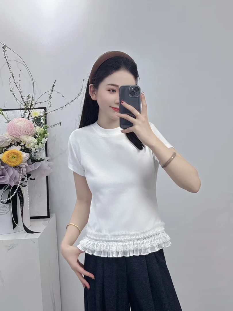 19653#【衣长53】少女风拼接常规款蕾丝短袖T恤上衣