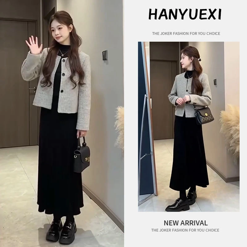 秋季搭配一整套女装2025新款韩版小香风外套长袖显瘦半身裙三件套
