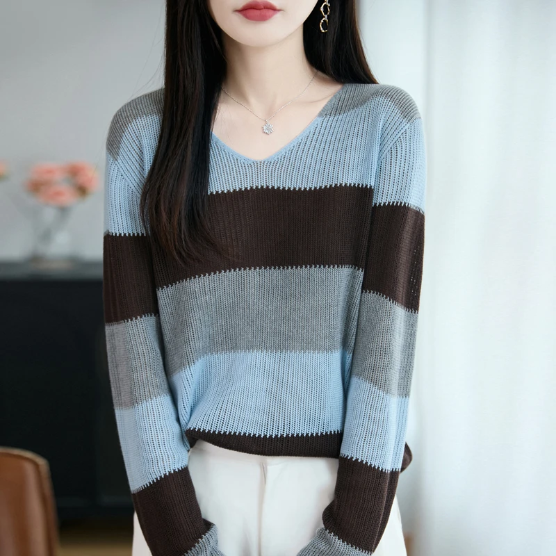 哥弟阿玛施正品针织条纹V领长袖秋季毛针织衫女套头圆领打底衫