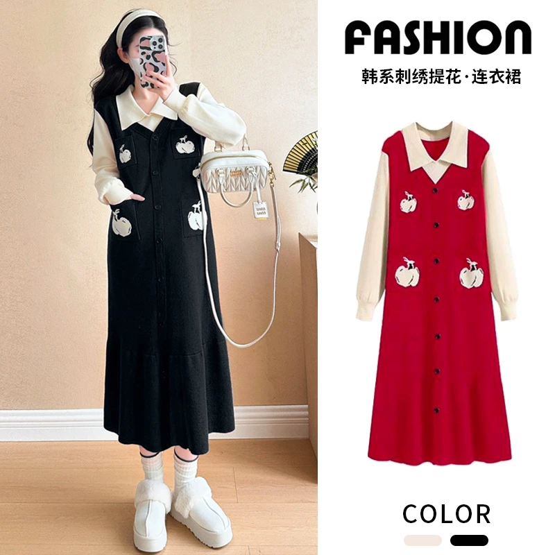 孕妇连衣裙2025秋冬季韩版新款时尚刺绣针织加厚打底毛衣裙子潮