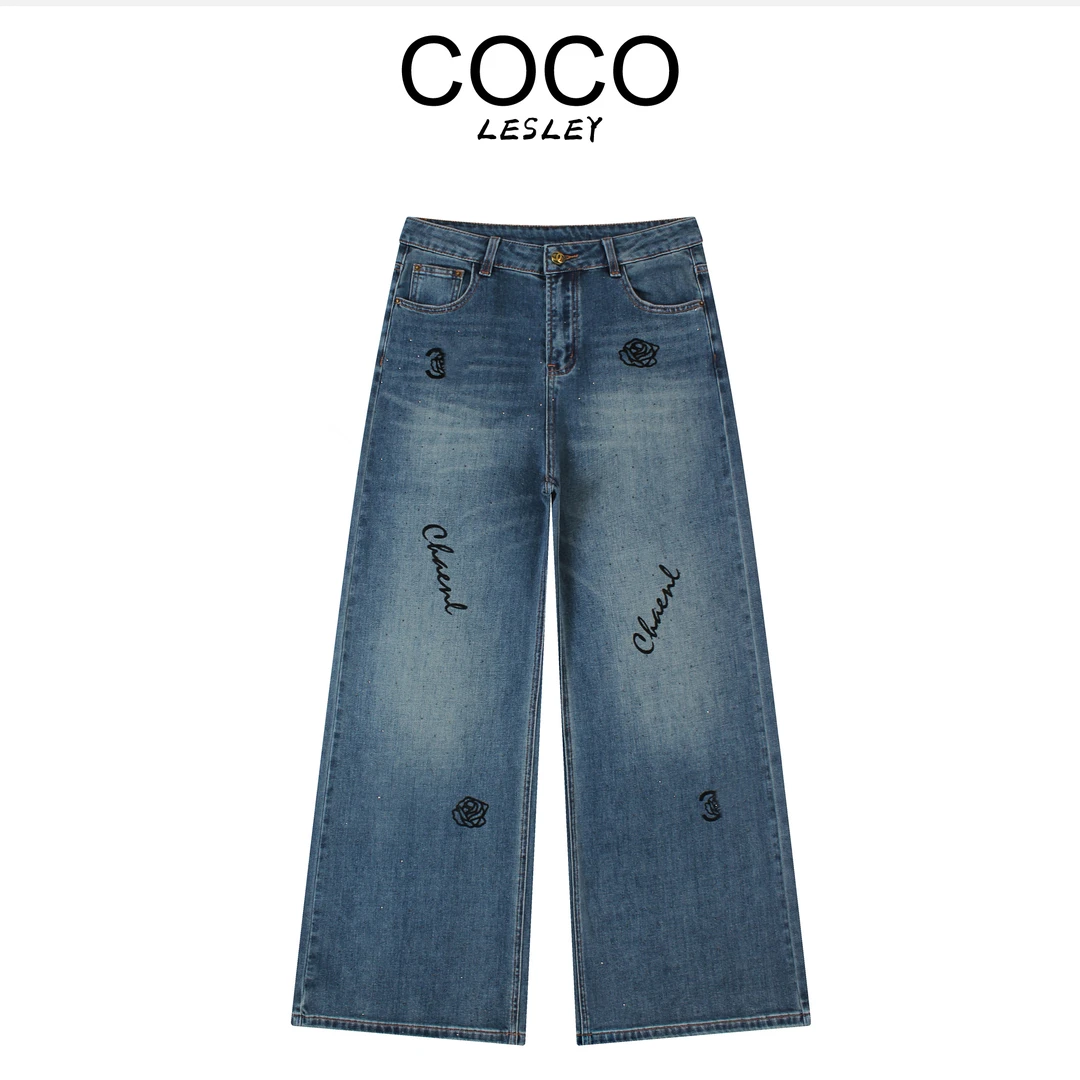 【COCO LESLEY】”山茶花“植绒花烫钻阔腿微喇女款牛仔裤LW5602