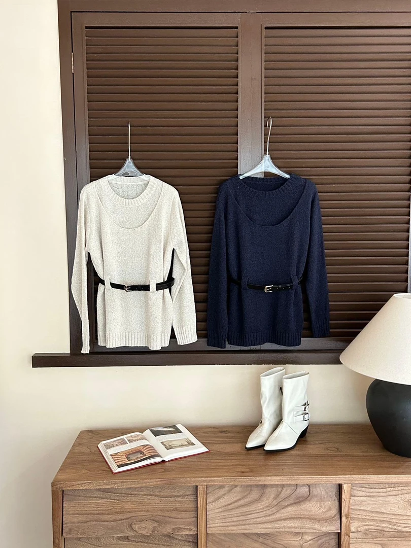 【赵小小&纽约新区】B-98027 韩系慵懒风简约长袖针织上衣（含腰带）