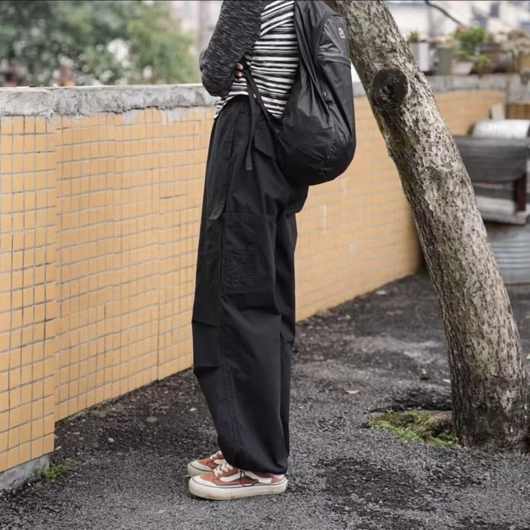 【雪儿】39557-酷飒工装裤松紧腰脚口抽绳直筒裤宽松户外伞裤休闲裤