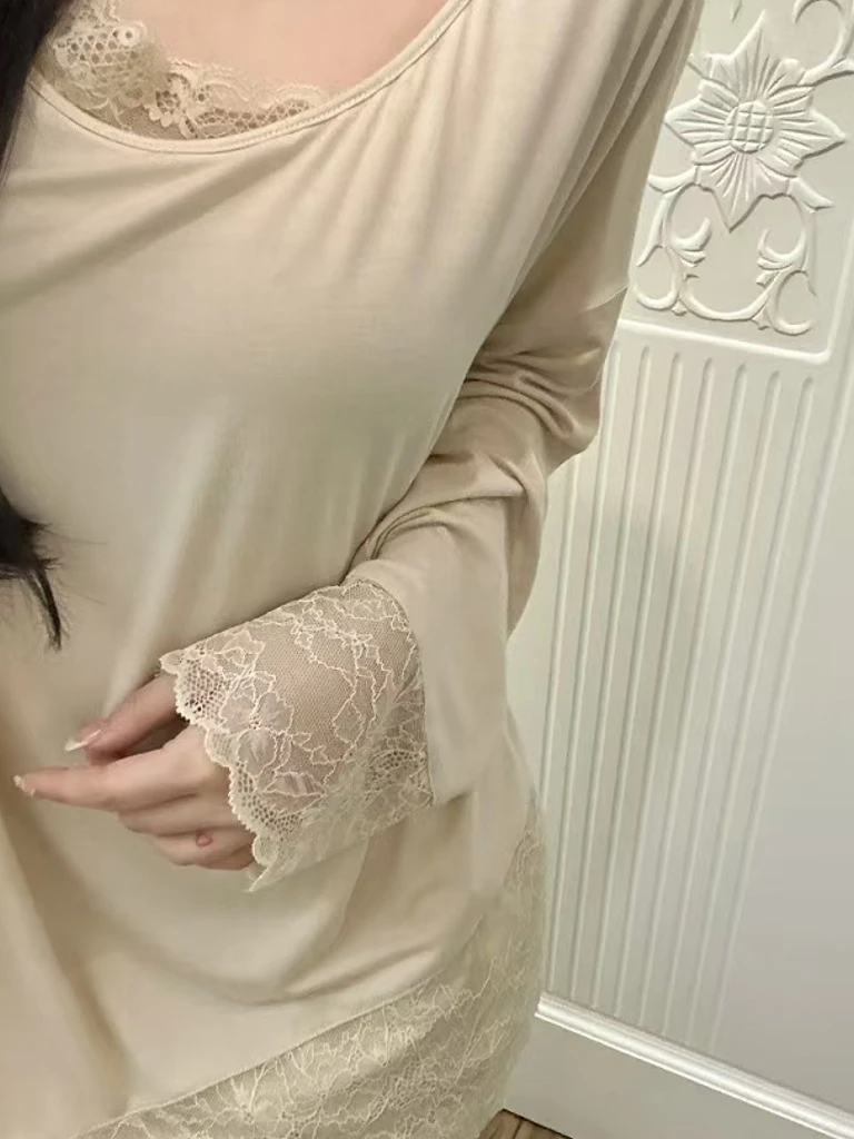 【DMXJ大梦想家】杏色蕾丝边可外穿睡衣女春秋季2025新款家居服套装