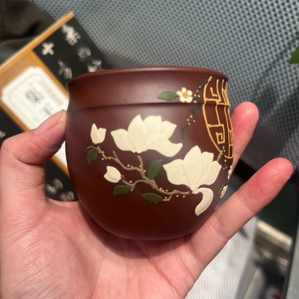 泥绘玉兰花大容量主人杯紫泥精致礼品杯