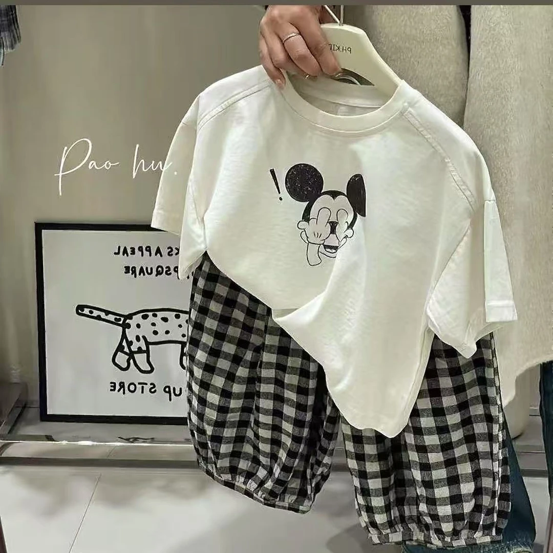 夏款儿童宽松卡通印花设计纯棉短袖宽松韩版男女童半袖米奇套装