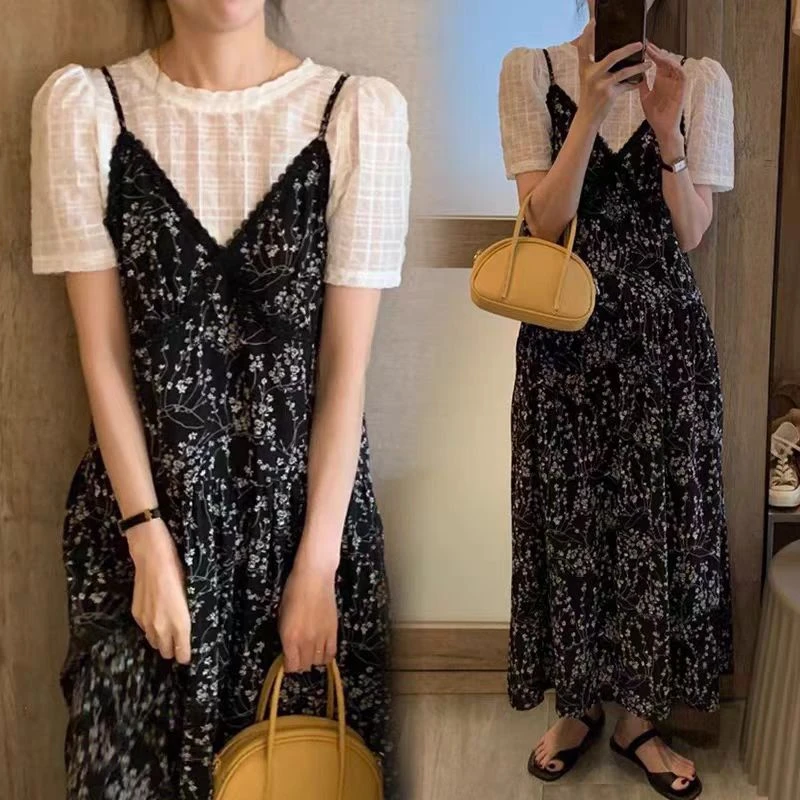 时尚孕妇2025夏季新款韩版泡泡短袖上衣蕾丝花边碎花雪纺吊带裙