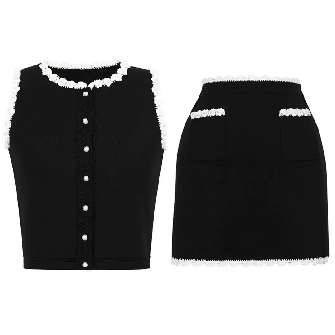 【钩花背心+短款半身裙】法式钩花背心+短款半身裙小香风两件套女