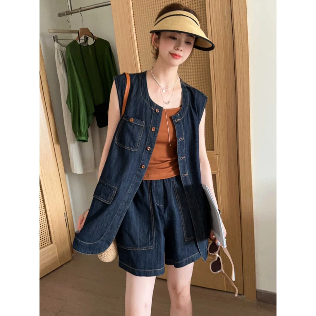 深蓝色牛仔马甲阔腿短裤三件套装女欧洲站夏装2024新款欧货女装潮