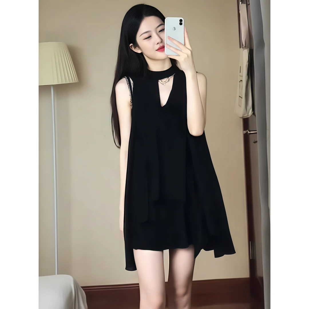 法式中长款百搭连衣裙通勤时尚薄款夏装性感女装2025黑色包袖植绒