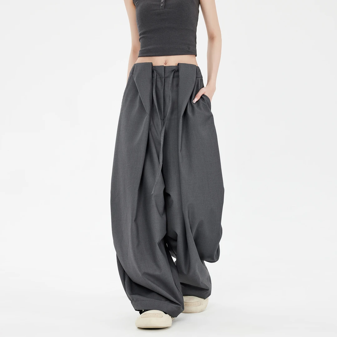 EDX美式灰色西装裤夏季高级感阔腿裤慵懒松弛感小众设计感拖地裤