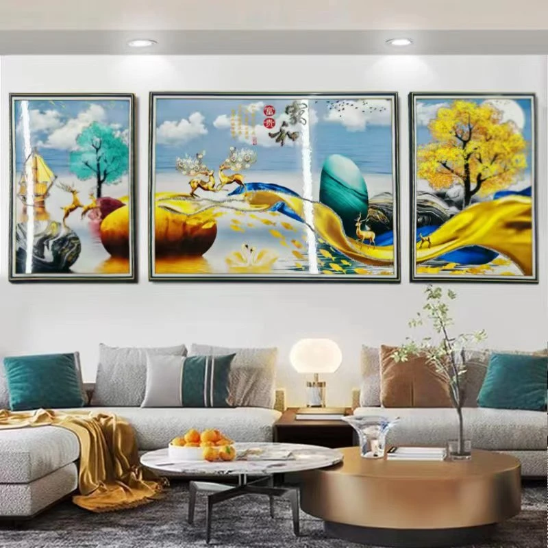 6107-家和客厅鎏金实物挂画沙发背景装饰画三联组合壁画装饰画