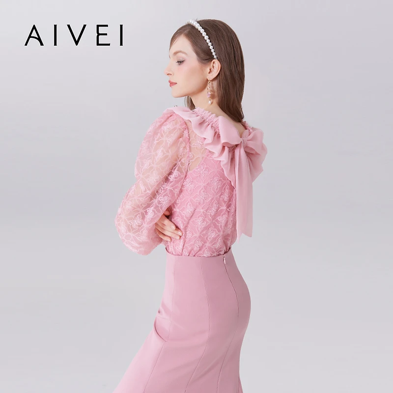 【陈大可专属】AIVEI秋甜妹绣花蕾丝镂空针织上衣两件套Q0560155