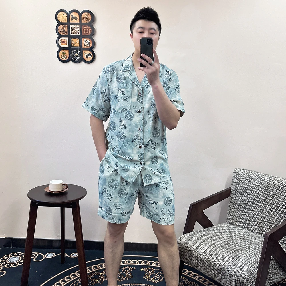 大码男士短袖短裤棉麻休闲睡衣套装2025夏季奢华烫金可外穿家居服