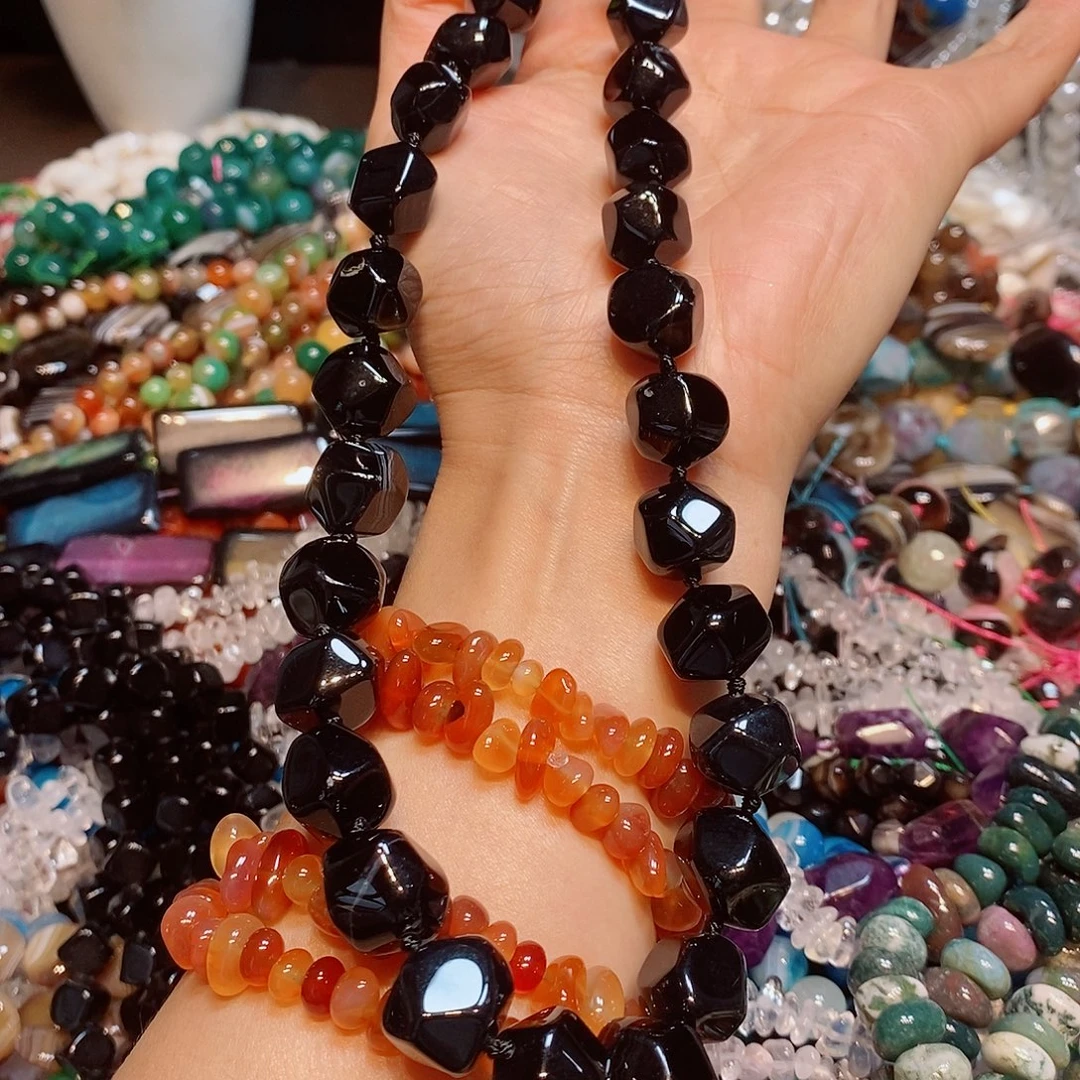 玛瑙/玉髓散珠天然黑玛瑙冲角塔链一条