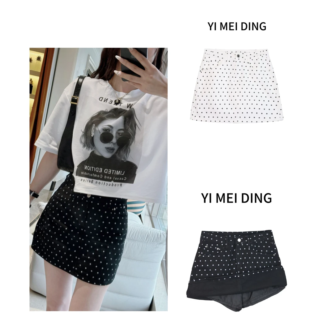 1QZ73依美丁时尚夏季百搭黑白波点软牛仔布裙裤