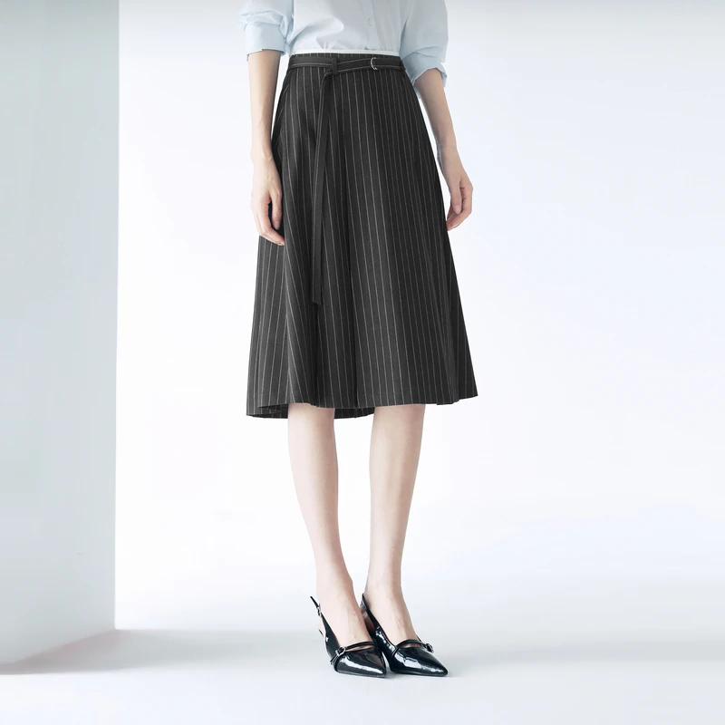 伊芙丽学院风百搭时髦条纹压褶中长半裙女春季职场百搭1G2940601