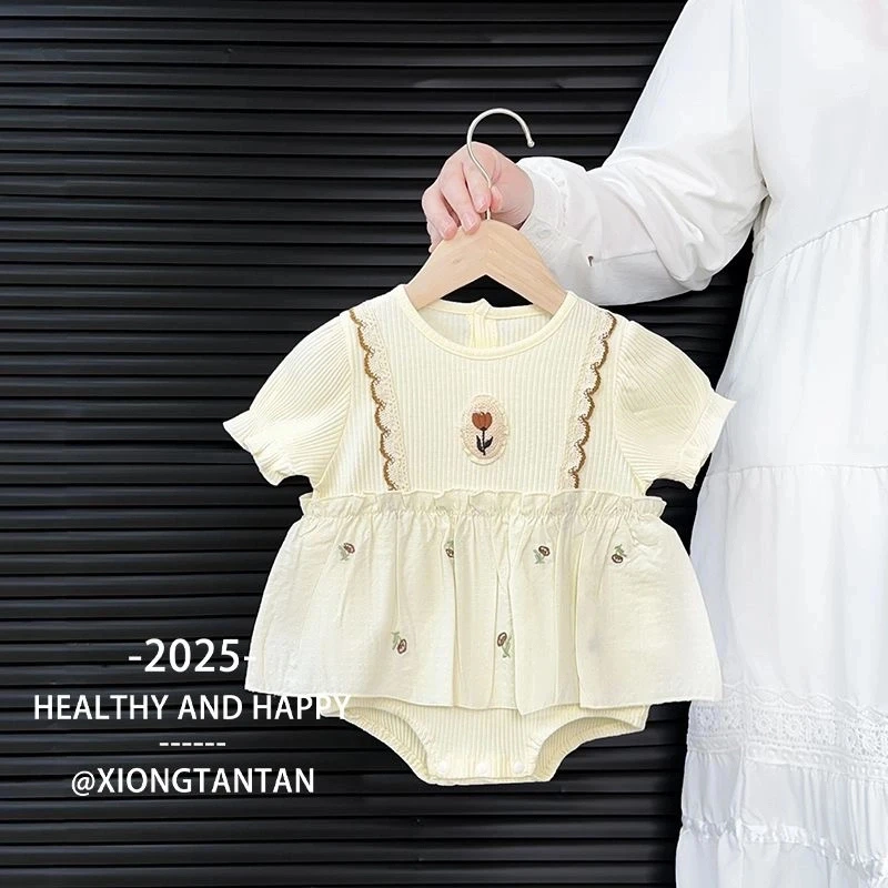 新款女宝可爱甜美夏季哈衣短爬爬服时髦女童时尚韩版公主风包屁裙