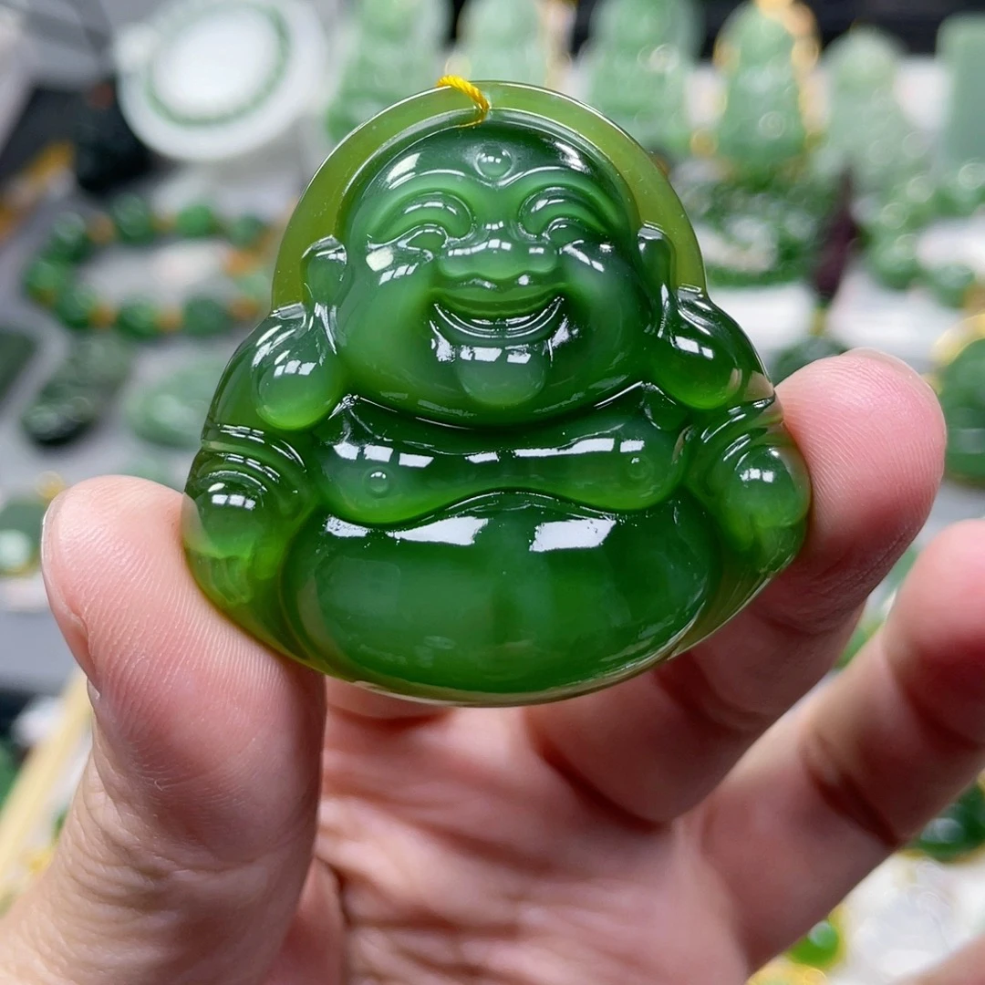 猴教授珠宝纯天然和田碧玉冰底满绿猫眼佛公吊坠45mm