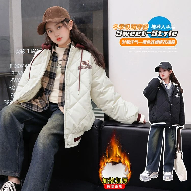 女童棉服外套秋冬装加棉加厚保暖棉衣中大童洋气假两件连帽棒球服