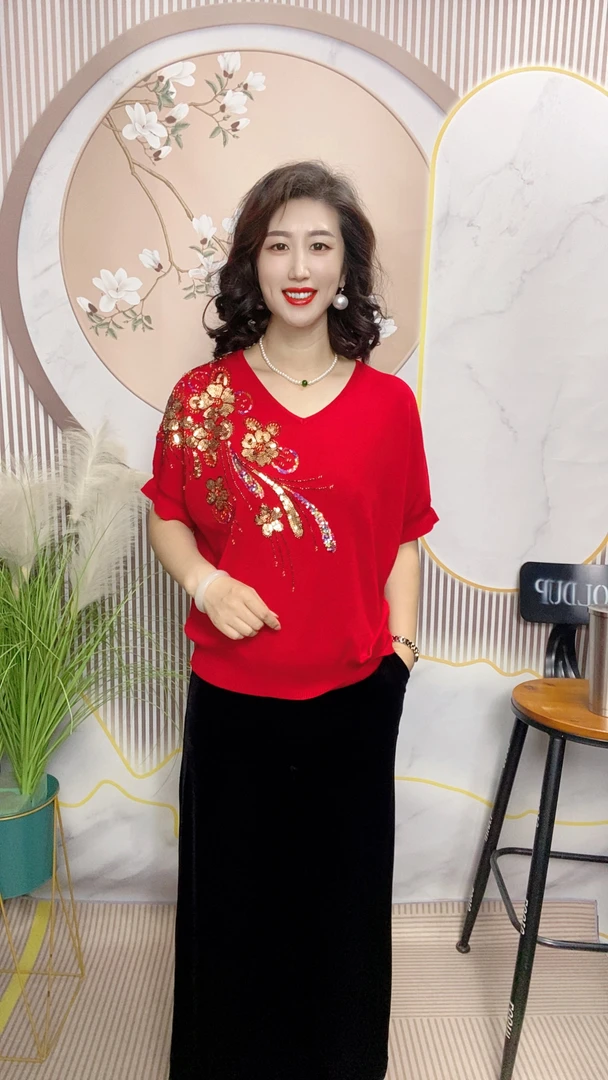 【沐丹阁女装】秋季V领重工穿珠轻奢女装显瘦宽松型韩版针织衫上衣