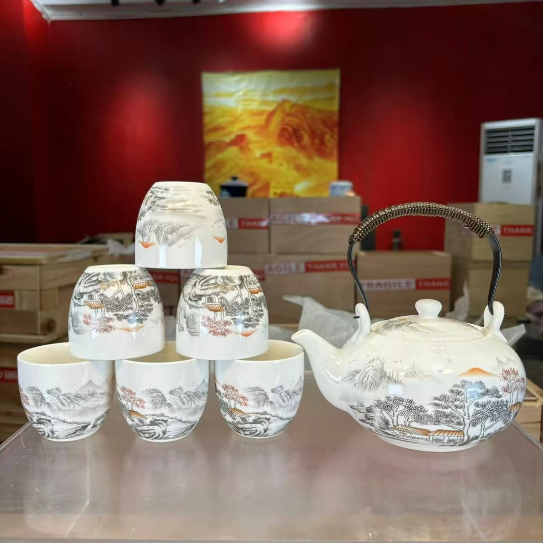 秋香茶具 羊脂玉瓷山水雅居提梁壶一壶六杯家用大容量泡茶壶-1711