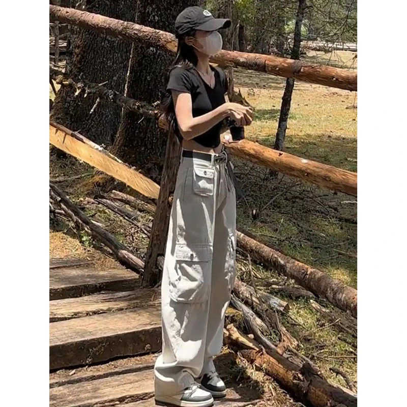 美式复古工装牛仔裤女春秋2024新款高腰宽松直筒夏季杏色阔腿裤子