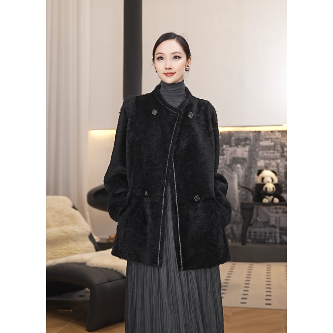 BARONY/【86195】双排扣圆领25-26进口新款小美利奴外套皮毛一体