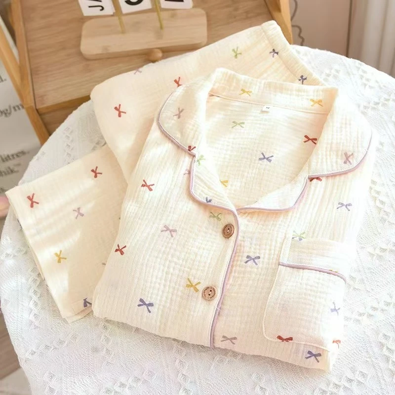 【胸垫款】100棉睡衣女春秋款纯棉双层纱布短袖套装薄款四季家居服