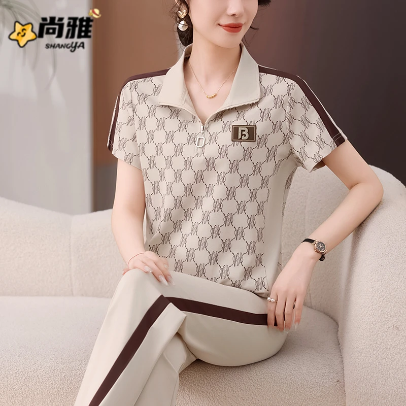 运动服套装女夏时尚洋气立领冰丝短袖长裤薄款透气跑步休闲两件套