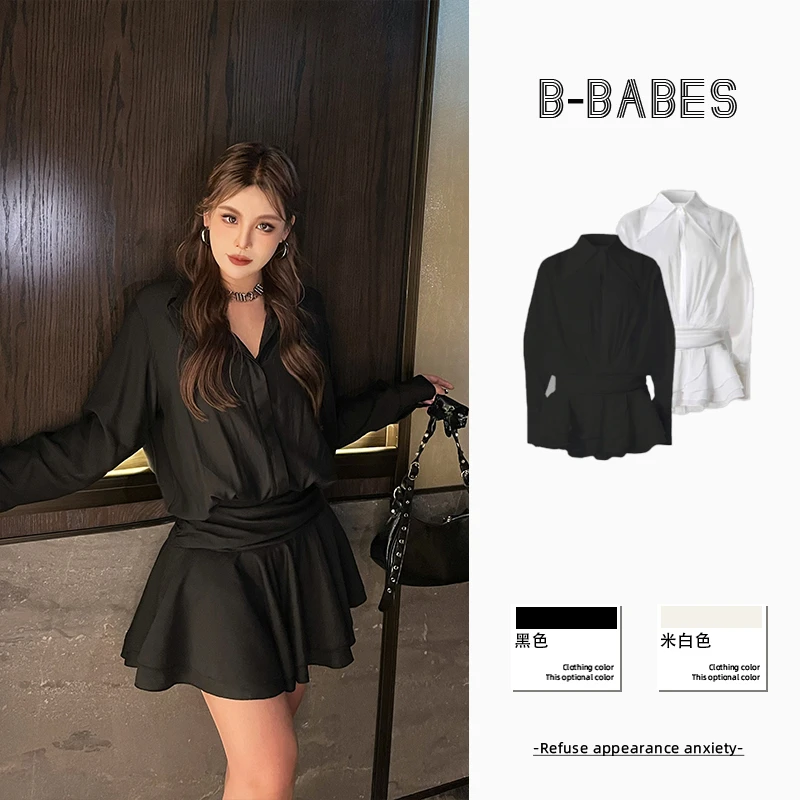 B-babes-【个性标签】气质复古衬衫连衣裙性感V领气质显瘦荷叶边短