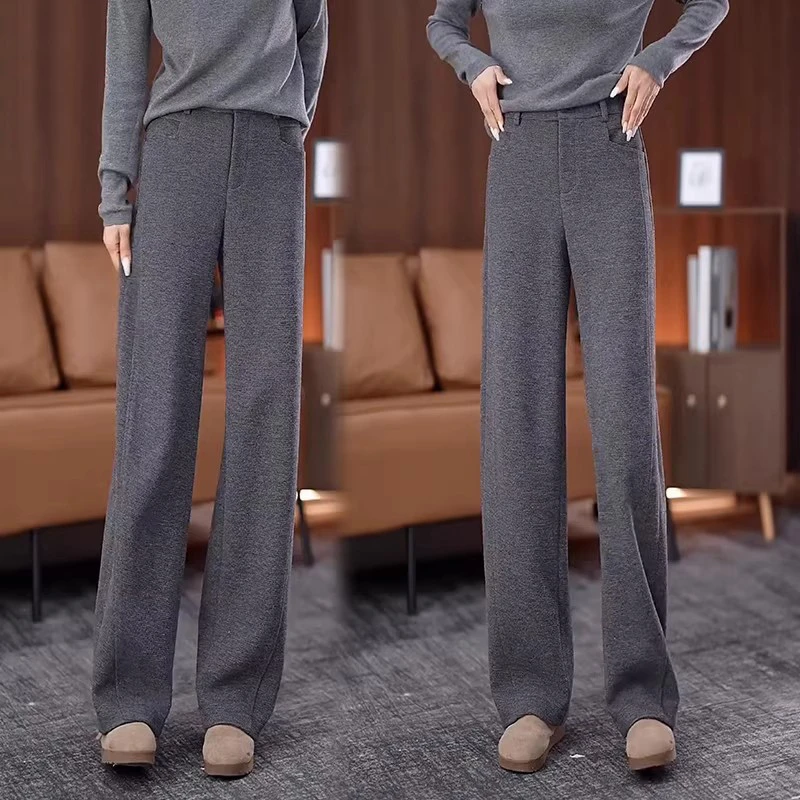 加绒加厚毛呢阔腿裤女秋冬季2025新款超火灰色休闲直筒保暖休闲裤