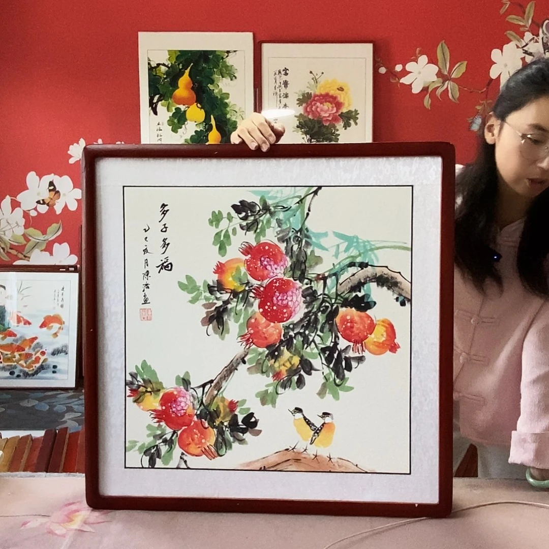 国画手写手绘国画作品带框包邮62✖️62