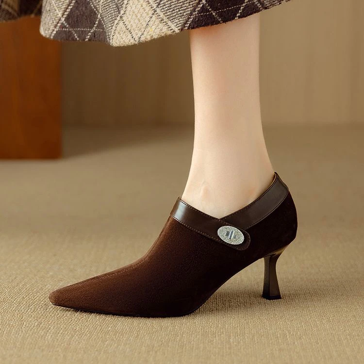 里外纯皮～羊皮6.5cm尖头高跟复古气质裸靴真皮女深口单鞋春季细跟