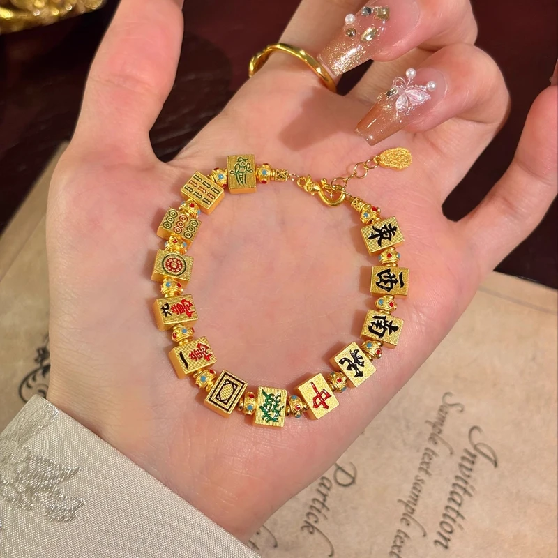 足银手链 十三幺麻将999.9纯银手链珐琅彩招财纳福足银手串送女友