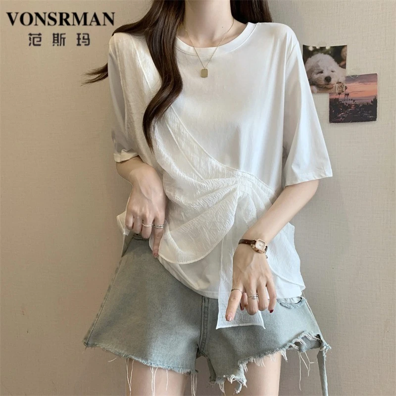 设计感假两件正肩短袖t恤女2025夏大码胖mm遮肚显瘦独特半袖上衣