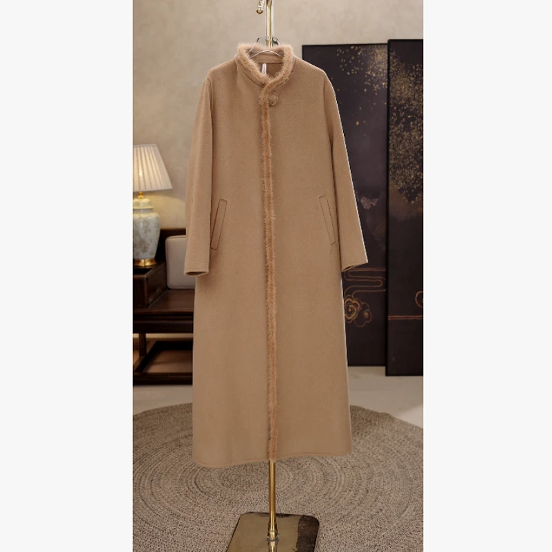 25年秋冬羊绒羊毛水貂毛气质时尚简约女款双面大衣外套A3967-1