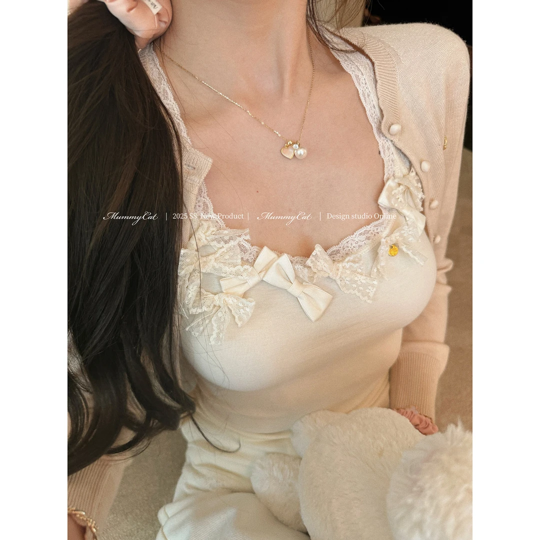 Mummy Cat 下蛋喵 【蜜恋物语】针织弹力蕾丝花边背心吊带上衣