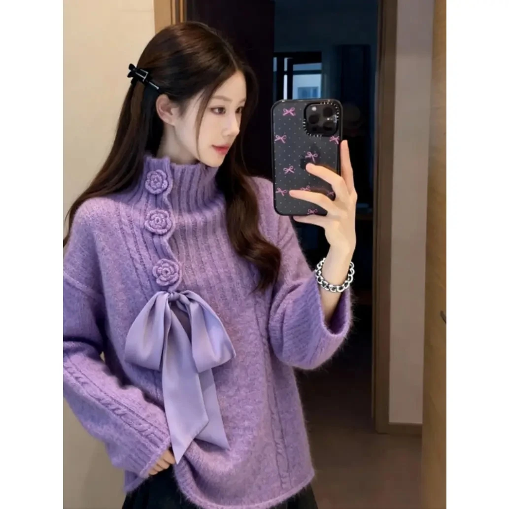 紫色蝴蝶结立领毛衣女款2025新款秋冬立体花朵气质长袖针织衫上衣
