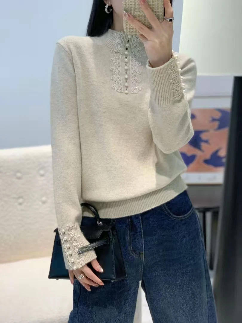 钩花钉珠加厚糯米绒半高领长袖针织衫宽松珍珠百搭纯色内搭毛衣