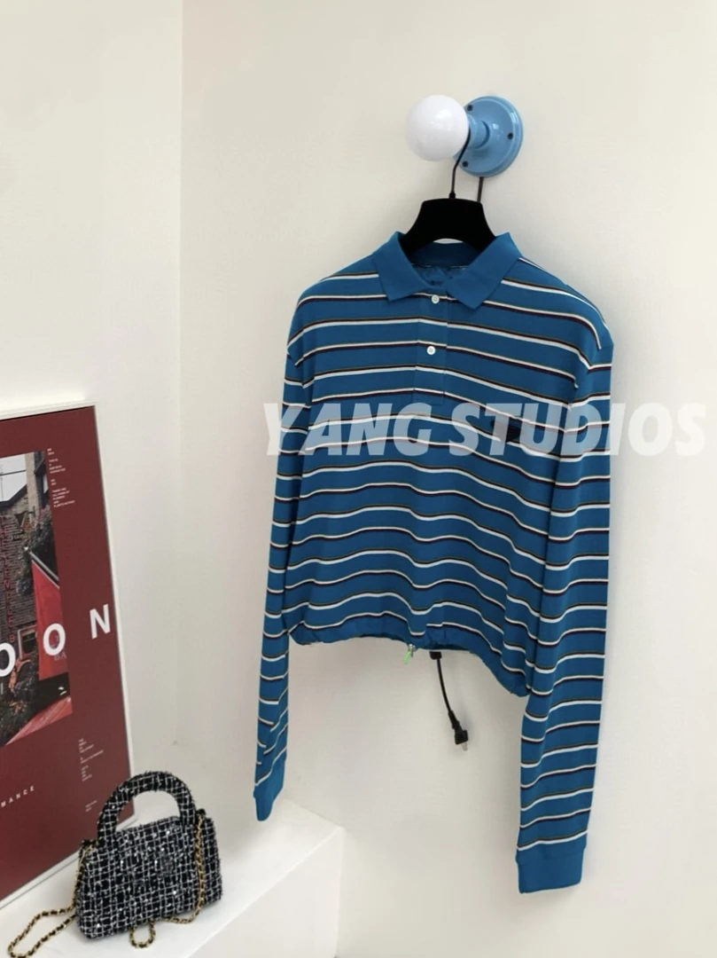 YANG/‘优雅与休闲完美融合’蓝色珠地棉横条纹翻领Polo长袖上衣
